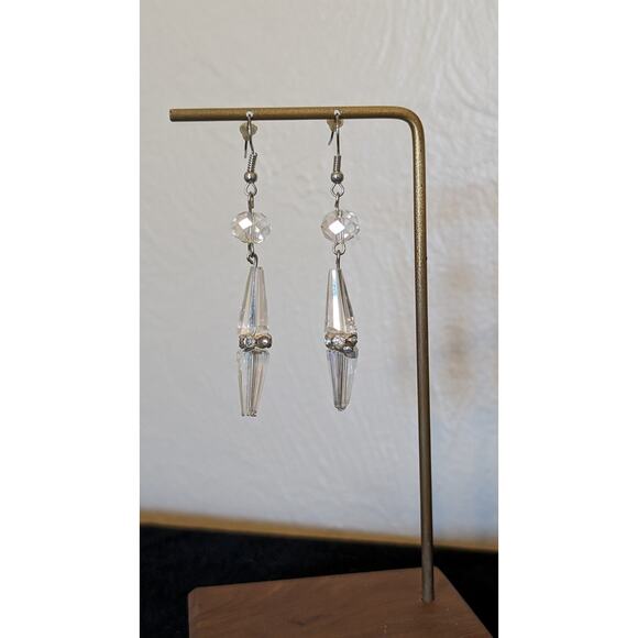 Cut Crystal Rhinestone Rondelle Bead French Wire Dangle Earrings - Picture 4 of 5